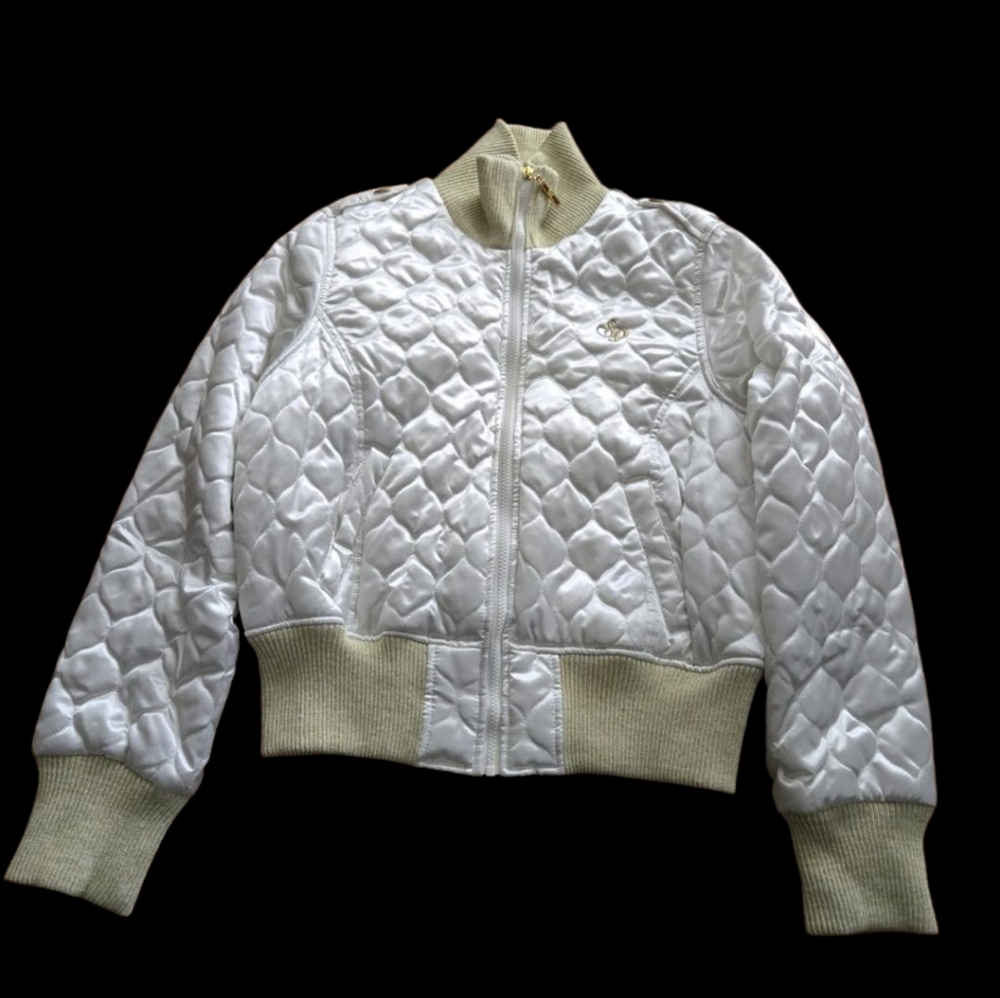 Y2K South Pole Puffer Bomber Jacket XL Ribbed Embroidered Zip Up Gold Pockets